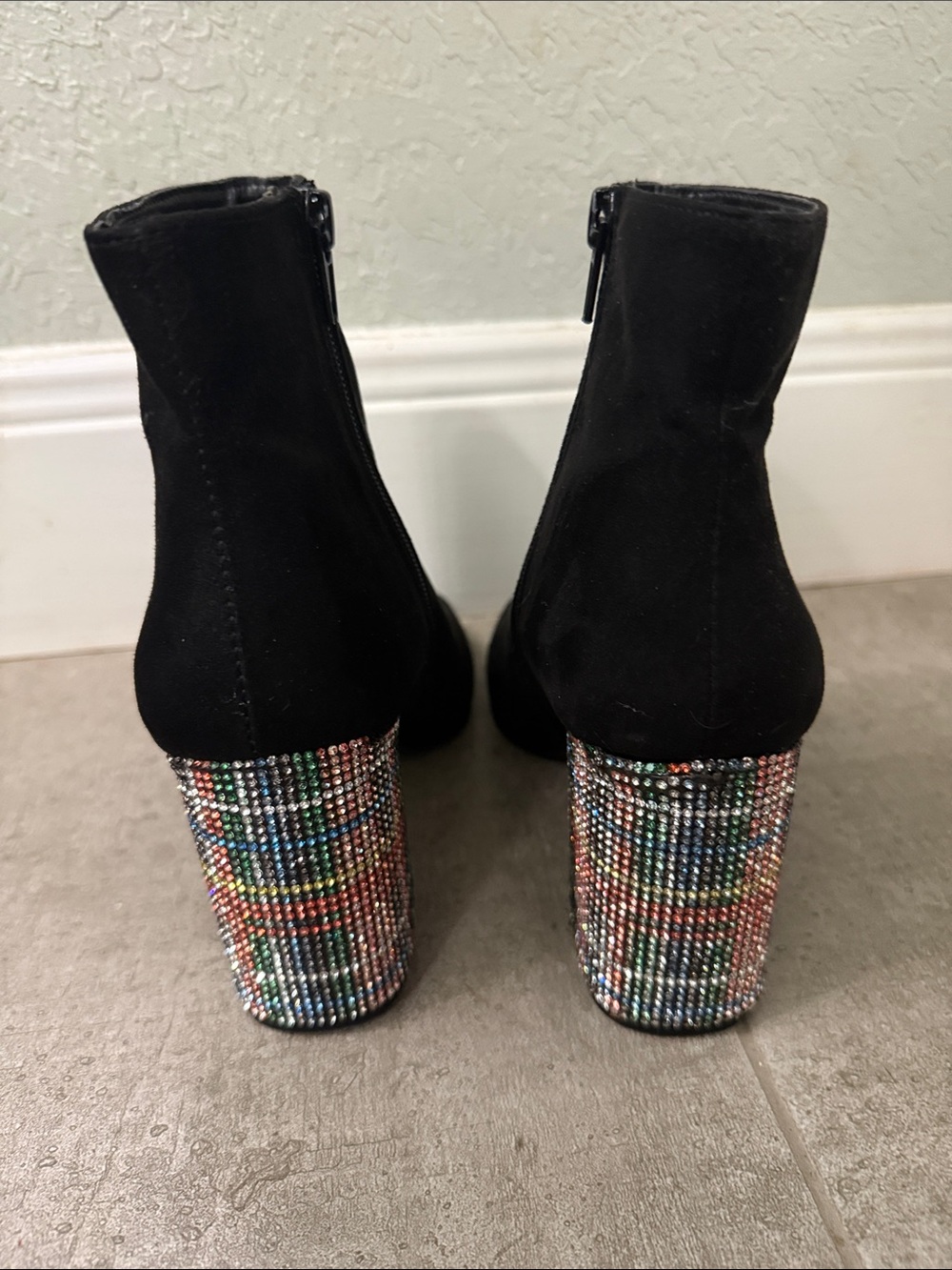 Betsey Johnson Black Suede Ankle Boots with Multicolor Crystal Block Heel - Picture 4 of 5